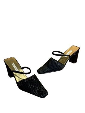 VINTAGE Y2K ANN MARINO BLACK & SILVER FABRIC WITH METALLIC ACCENTS HEELS (10)